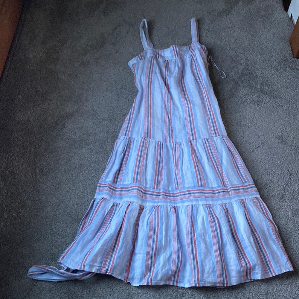 Crown & Ivy Blue Striped Linen Blend Tiered Midi Sundress SIZE MP